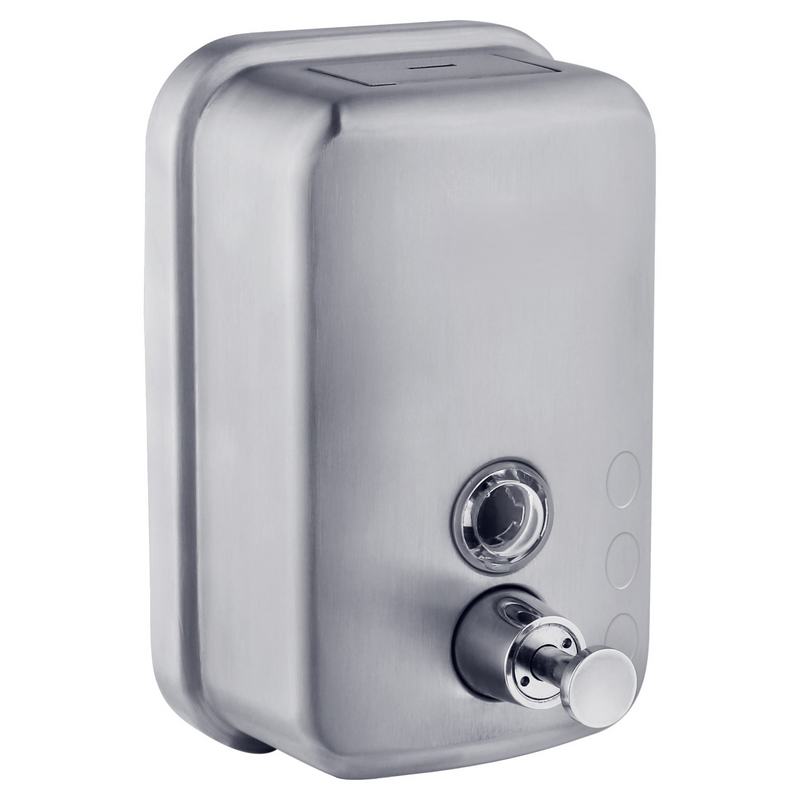 Doseador manual de sab�o l�quido vertical em a�o inoxid�vel de 600 ml. Acabamento escovado