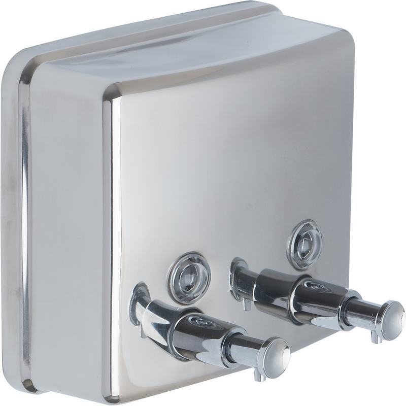 Doseador manual de sab�o l�quido duplo quadrado de a�o inoxid�vel 600 ml (por tanque). Acabamento brilhante