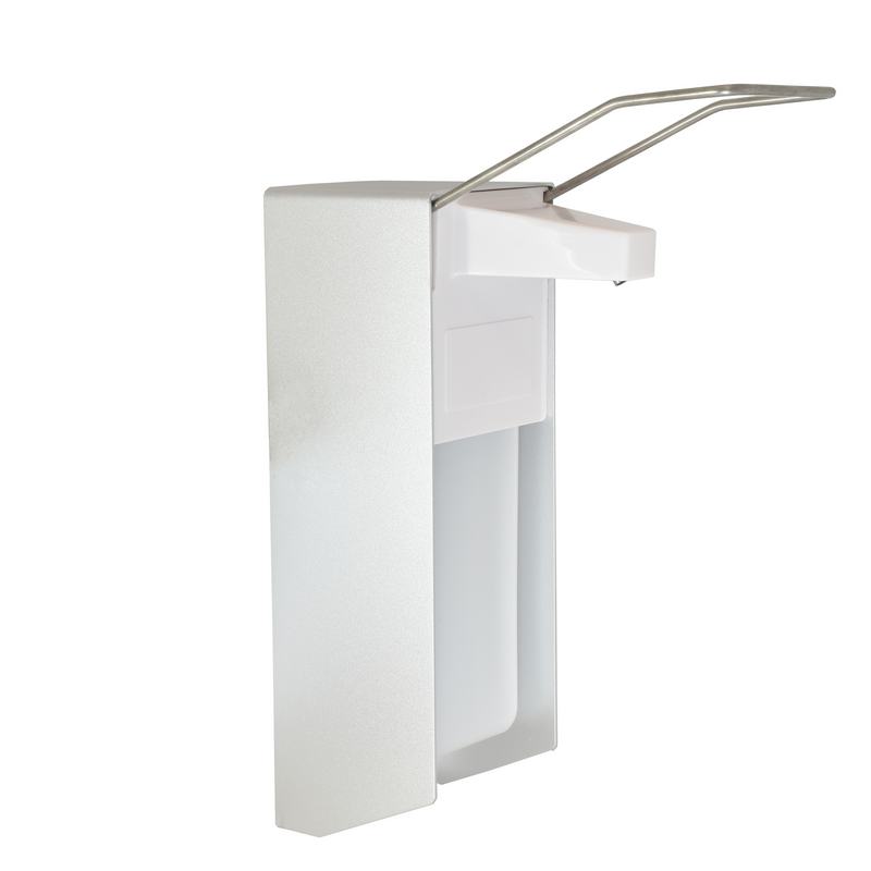 Distribuidor de sab�o l�quido de 1000 ml para uso hospitalar feito de  alum�nio com alavanca longa de a�o inoxid�vel. Tanque transl�cido