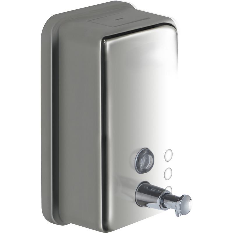 Doseador manual de sab�o l�quido vertical de a�o inoxid�vel de 1200 ml. Acabamento brilhante