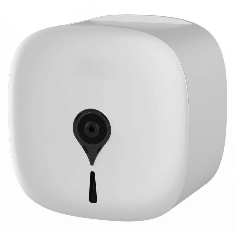 Porta rolos de papel higi�nico com extra��o central. Acabamento em ABS branco e preto