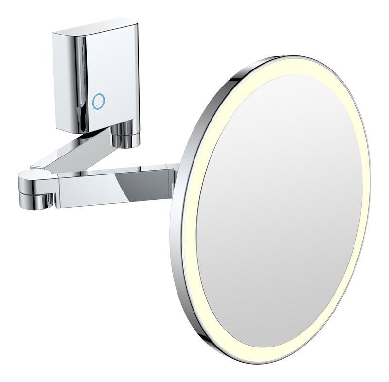 Espelho de aumento 5x extens�vel com ilumina��o LED e interruptor t�til. Acabamento brilhante