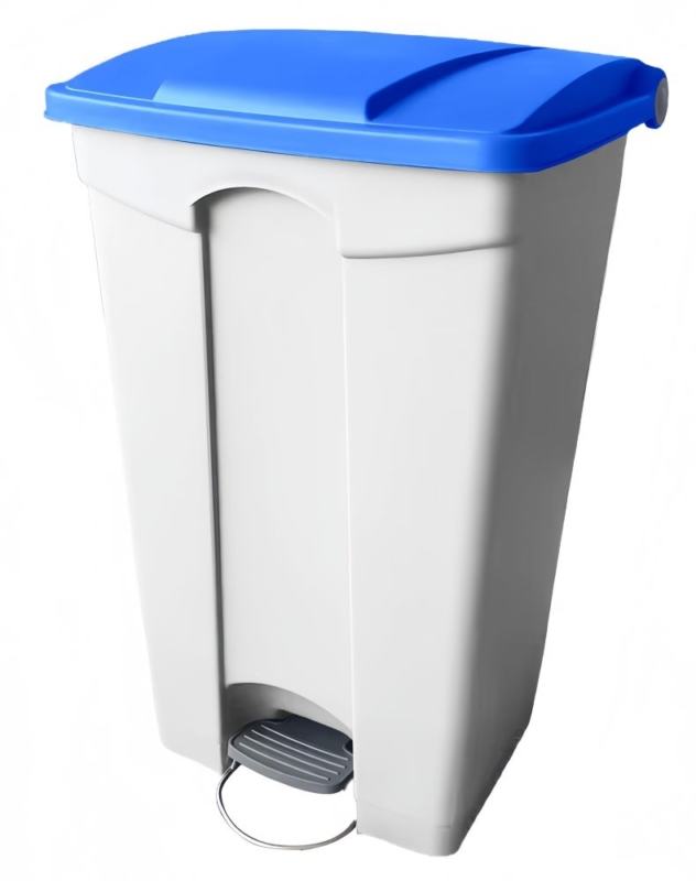 Contentor branco de 90 L com pedal e tampa azul