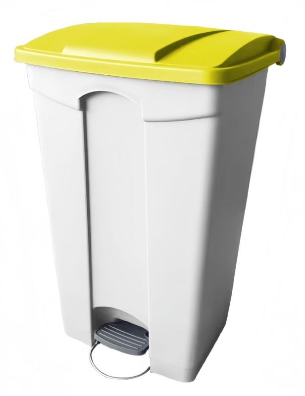 Contentor branco de 90 L com pedal e tampa amarela