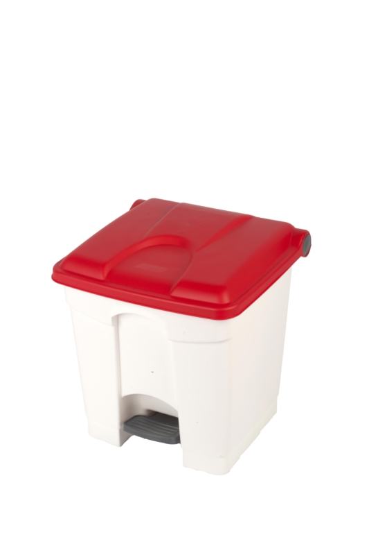 Contentor branco de 30 L com pedal e tampa vermelha