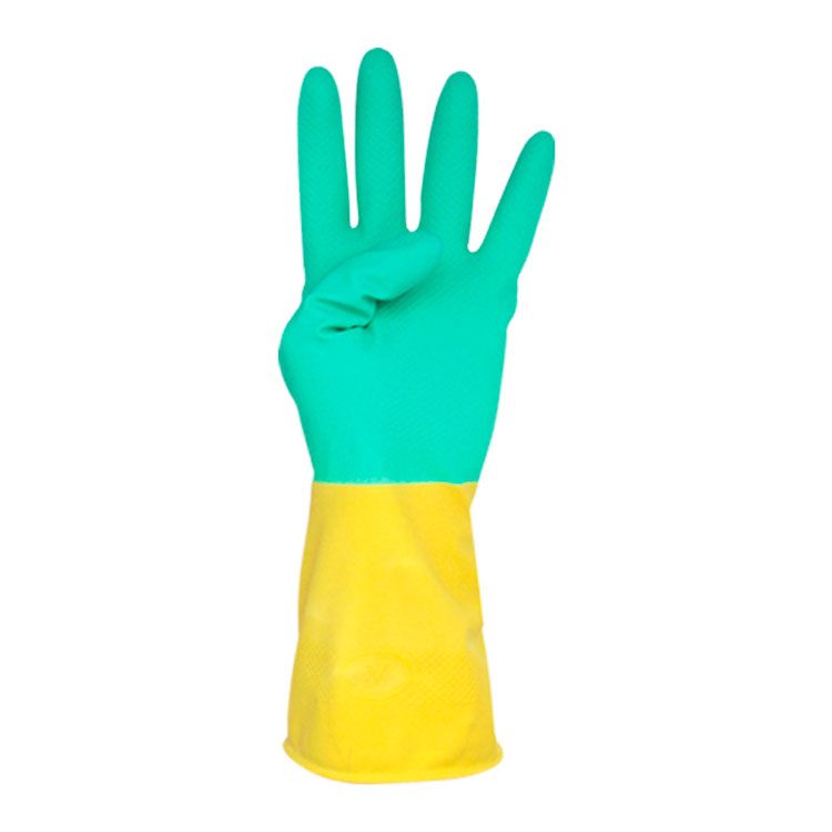 Luvas azuis e amarelas de Ltex e Neopreno reutilizveis.