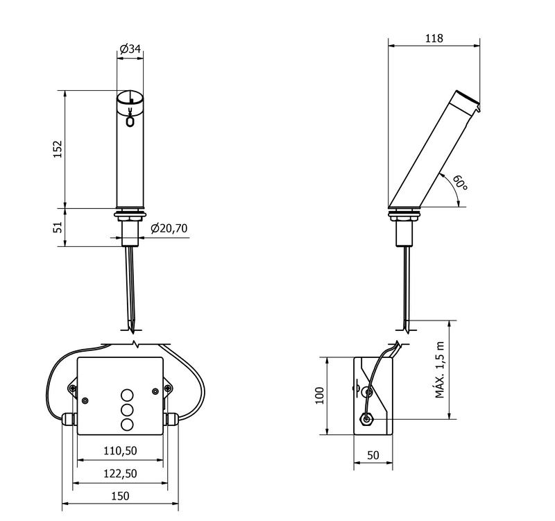 Dispensador de sabonete l�quido MULTIFEED em lat�o cromado com  sensor laser. Acabamento brilhante.