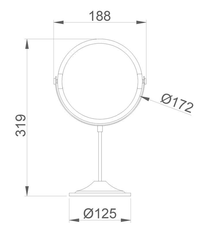 Espelho de mesa com 3 aumentos e dupla face em a�o inoxid�vel. Acabamento acetinado.