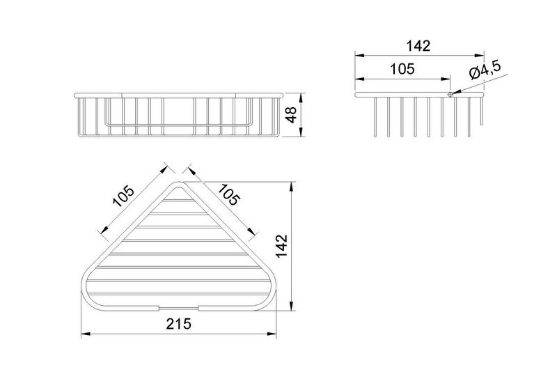 Saboneteira triangular cromada de lat�o. Acabamento brilhante. Comprimento 215 mm