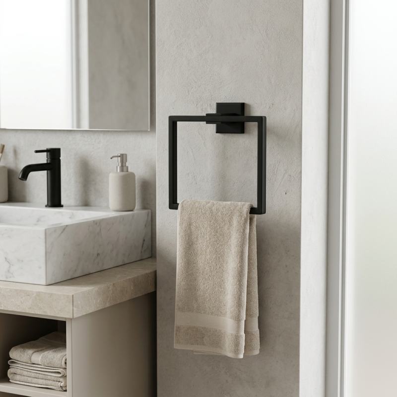 Toalheiro/Porta Toalhas Anel quadrado Argo a�o inoxid�vel 304 preto mate