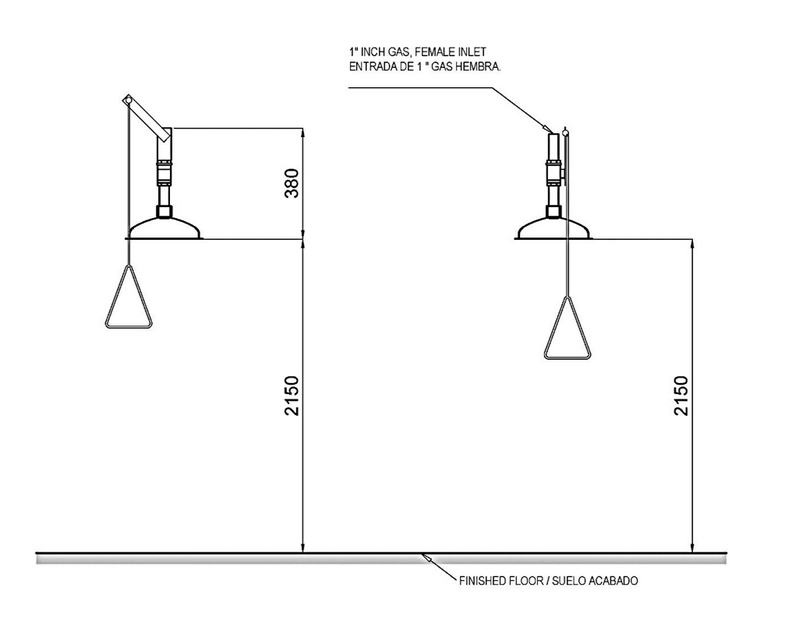 Chuveiro de seguran�a vertical de acionamento manual para montagem no teto. 